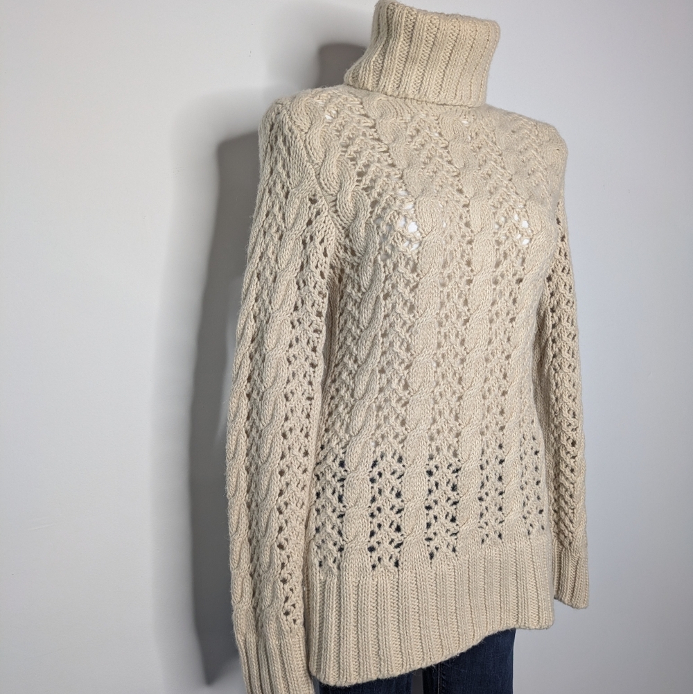 Aeve Light Tan Open Knit Alpaca & Wool Long Sleeve Turtleneck Sweater M - Picture 4 of 7